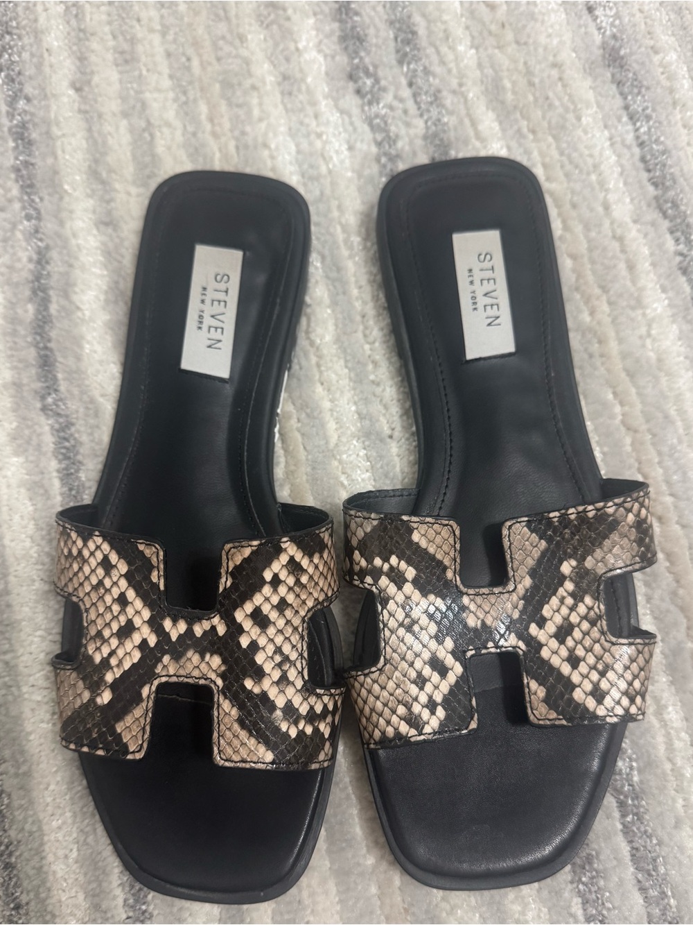 Seven7 Black Slides with Snake-Print Straps